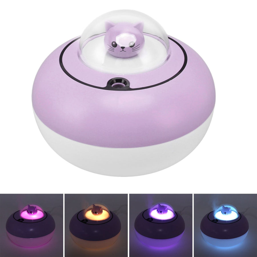 Mini Humidifier Cute Cat Sculpture Portable Quiet Desktop Air Humidifier for Home Office USB Plug in Purple