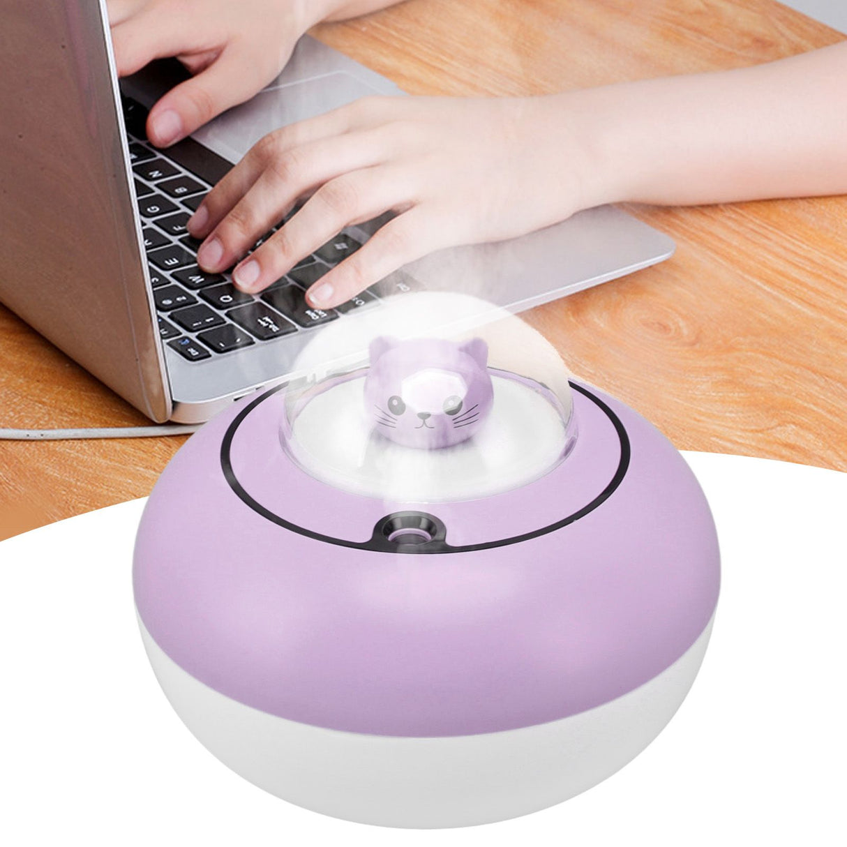 Mini Humidifier Cute Cat Sculpture Portable Quiet Desktop Air Humidifier for Home Office USB Plug in Purple