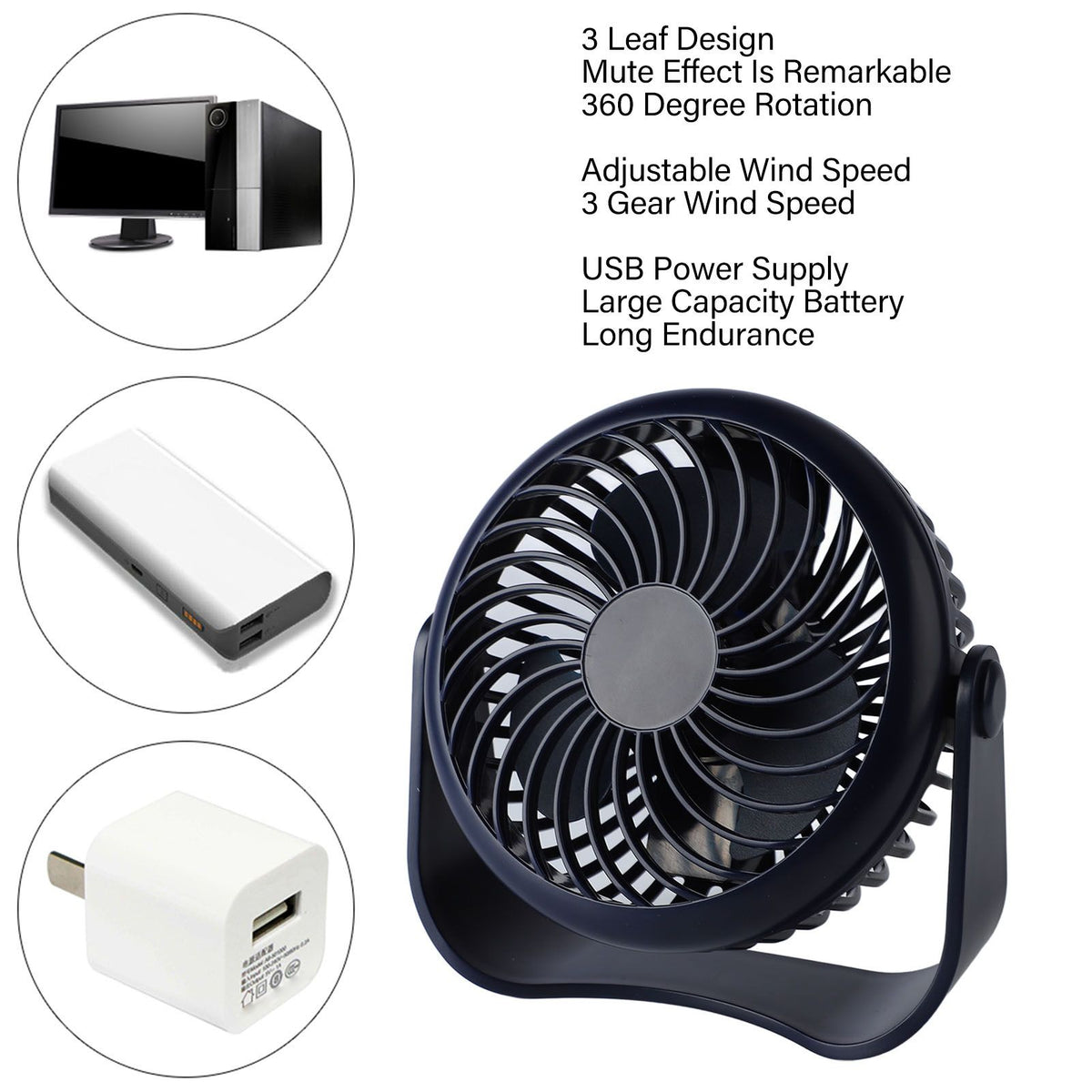 Small Desk Fan 3 Gear Wind Speeds Mute Rechargeable Summer Usb Mini Fan for Home Bedroom