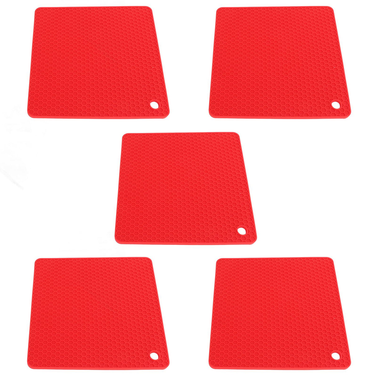 5pcs Silicone Pot Holders Mat Heat Resistant Anti Slip Square Honeycomb Trivet Mat Hot Pads for Kitchen Counter Red