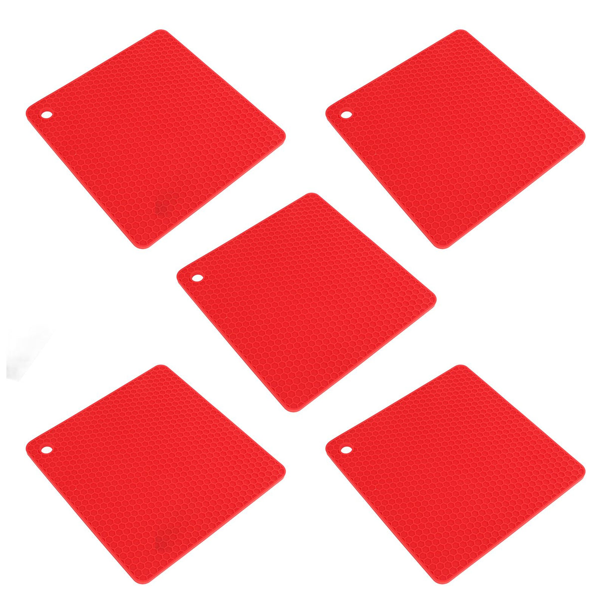 5pcs Silicone Pot Holders Mat Heat Resistant Anti Slip Square Honeycomb Trivet Mat Hot Pads for Kitchen Counter Red