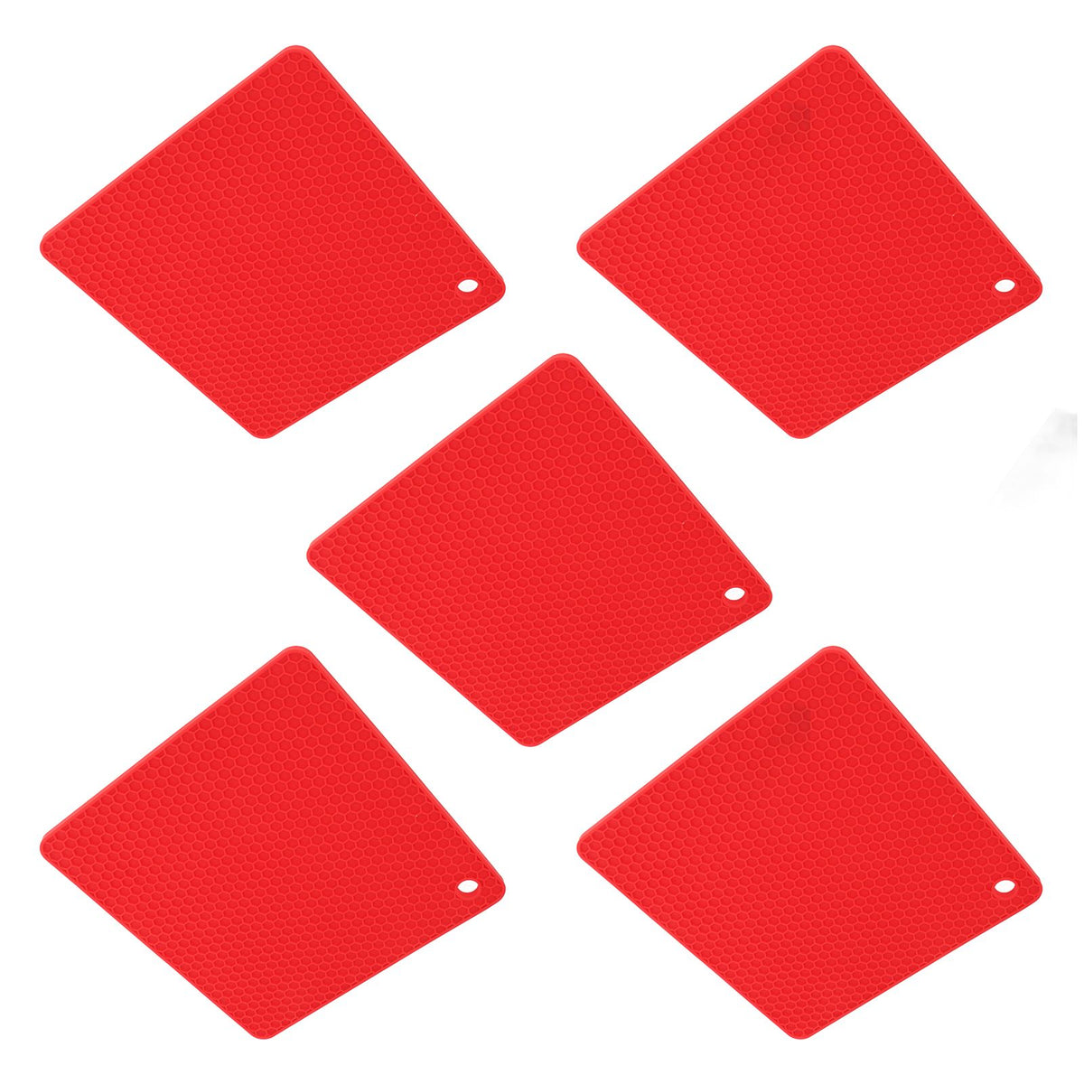 5pcs Silicone Pot Holders Mat Heat Resistant Anti Slip Square Honeycomb Trivet Mat Hot Pads for Kitchen Counter Red