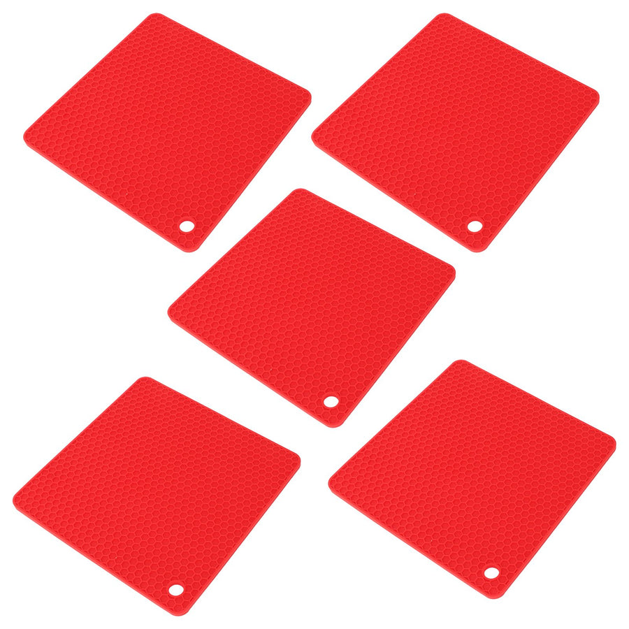 5pcs Silicone Pot Holders Mat Heat Resistant Anti Slip Square Honeycomb Trivet Mat Hot Pads for Kitchen Counter Red