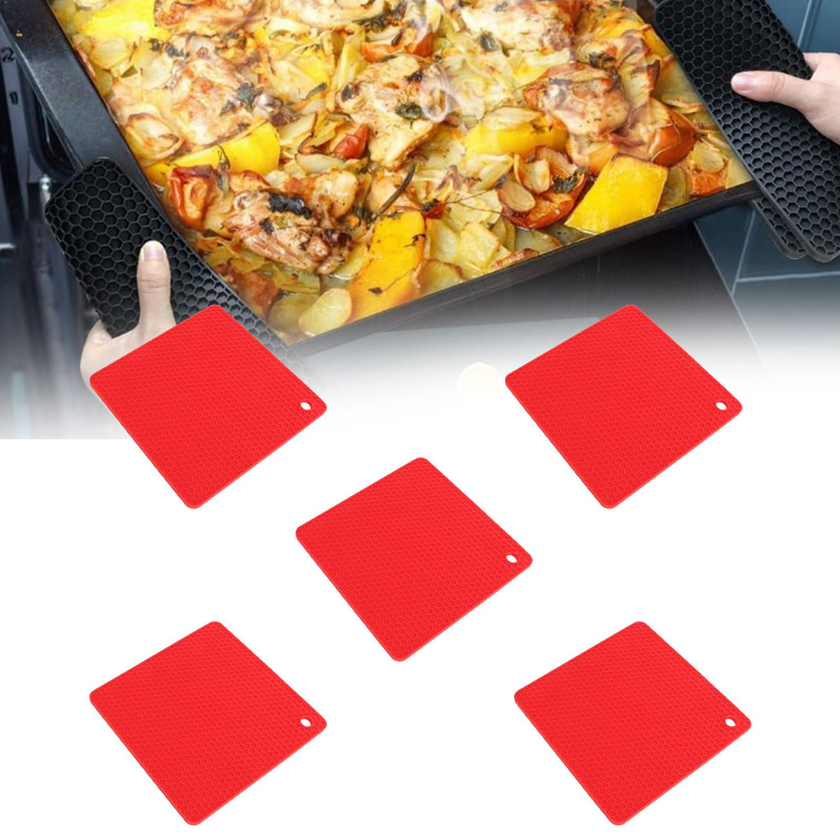 5pcs Silicone Pot Holders Mat Heat Resistant Anti Slip Square Honeycomb Trivet Mat Hot Pads for Kitchen Counter Red