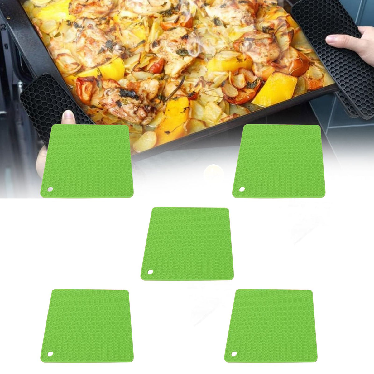 5pcs Silicone Pot Holders Mat Heat Resistant Anti Slip Square Honeycomb Trivet Mat Hot Pads for Kitchen Counter Green