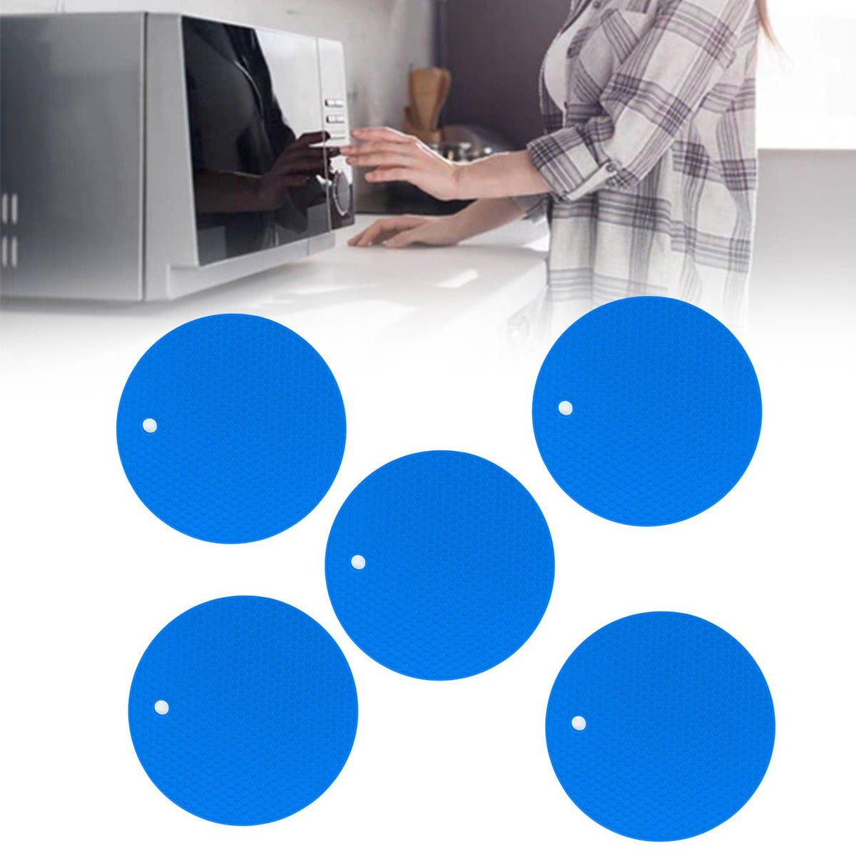 5PCS Silicone Trivet Mats Round Multipurpose Heat Resistant Non Slip Pads Pot Holders for Hot Pot Hot Dishes Blue