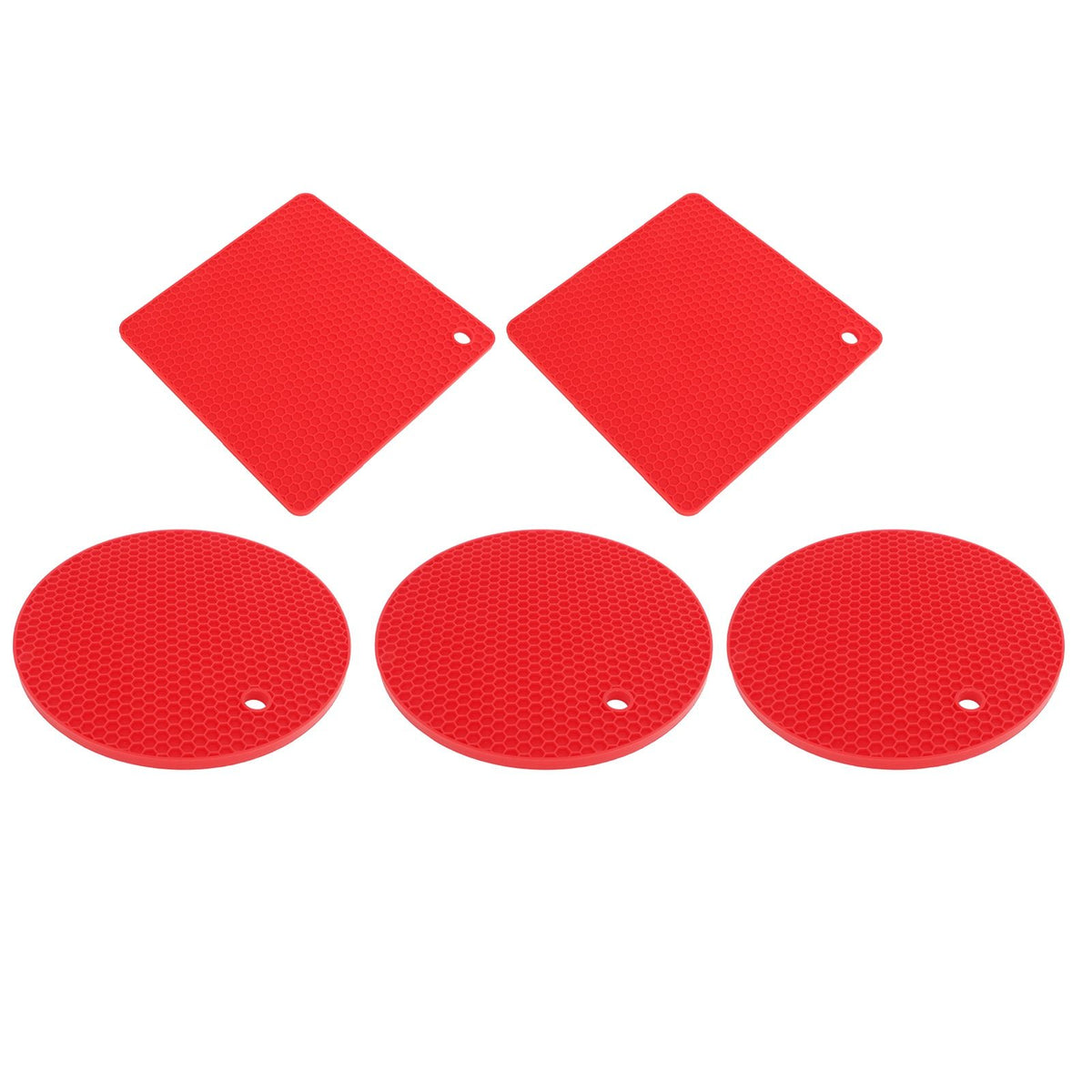 5Pcs Silicone Trivet Mat Square Round Honeycomb Hot Pad Non Slip Heat Resistant for Hot Plate Pans Kitchen Pots Red