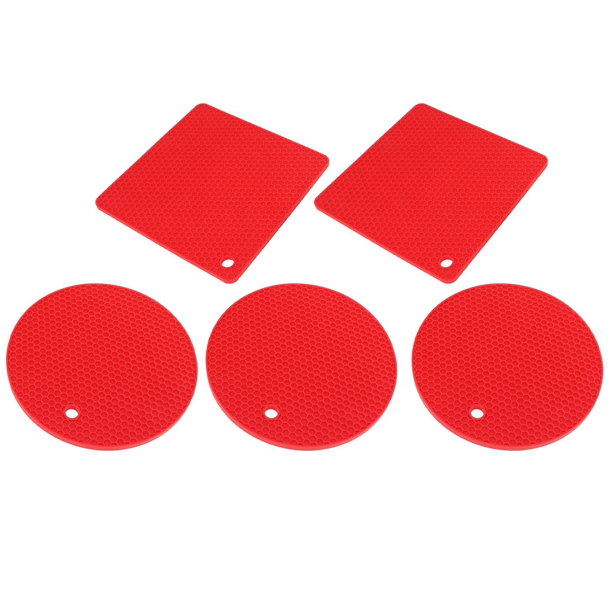 5Pcs Silicone Trivet Mat Square Round Honeycomb Hot Pad Non Slip Heat Resistant for Hot Plate Pans Kitchen Pots Red