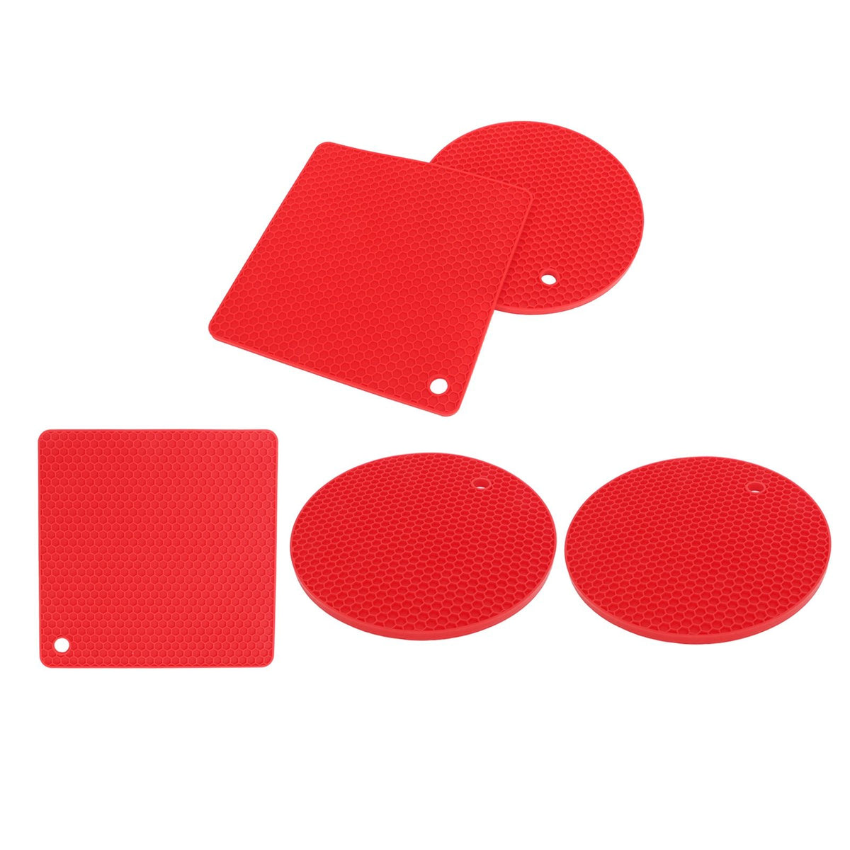 5Pcs Silicone Trivet Mat Square Round Honeycomb Hot Pad Non Slip Heat Resistant for Hot Plate Pans Kitchen Pots Red