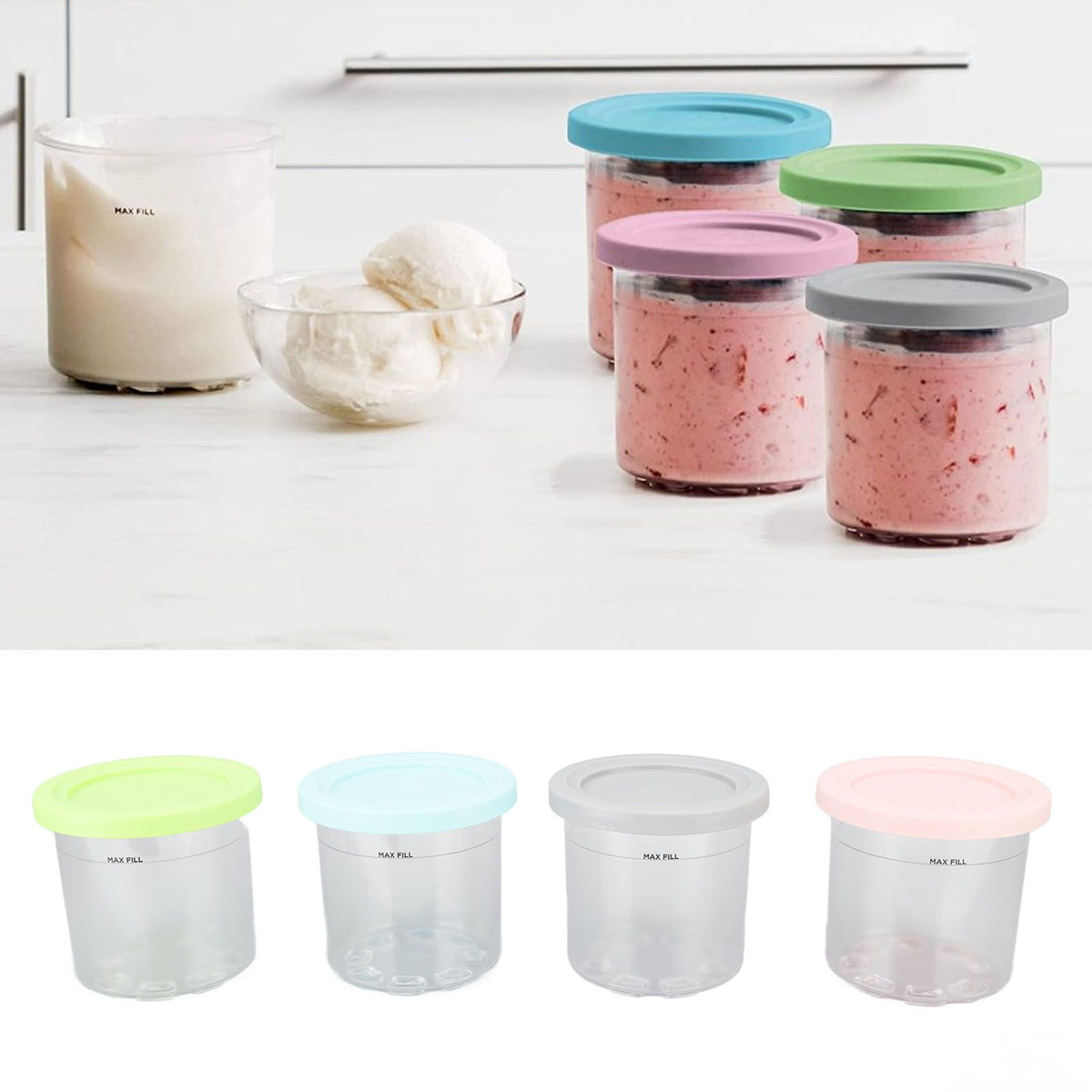 4Pcs Plastic Ice Cream Cans Replacement for Ninja NC299AMZ NC300s Series Creami Ice Cream Makers