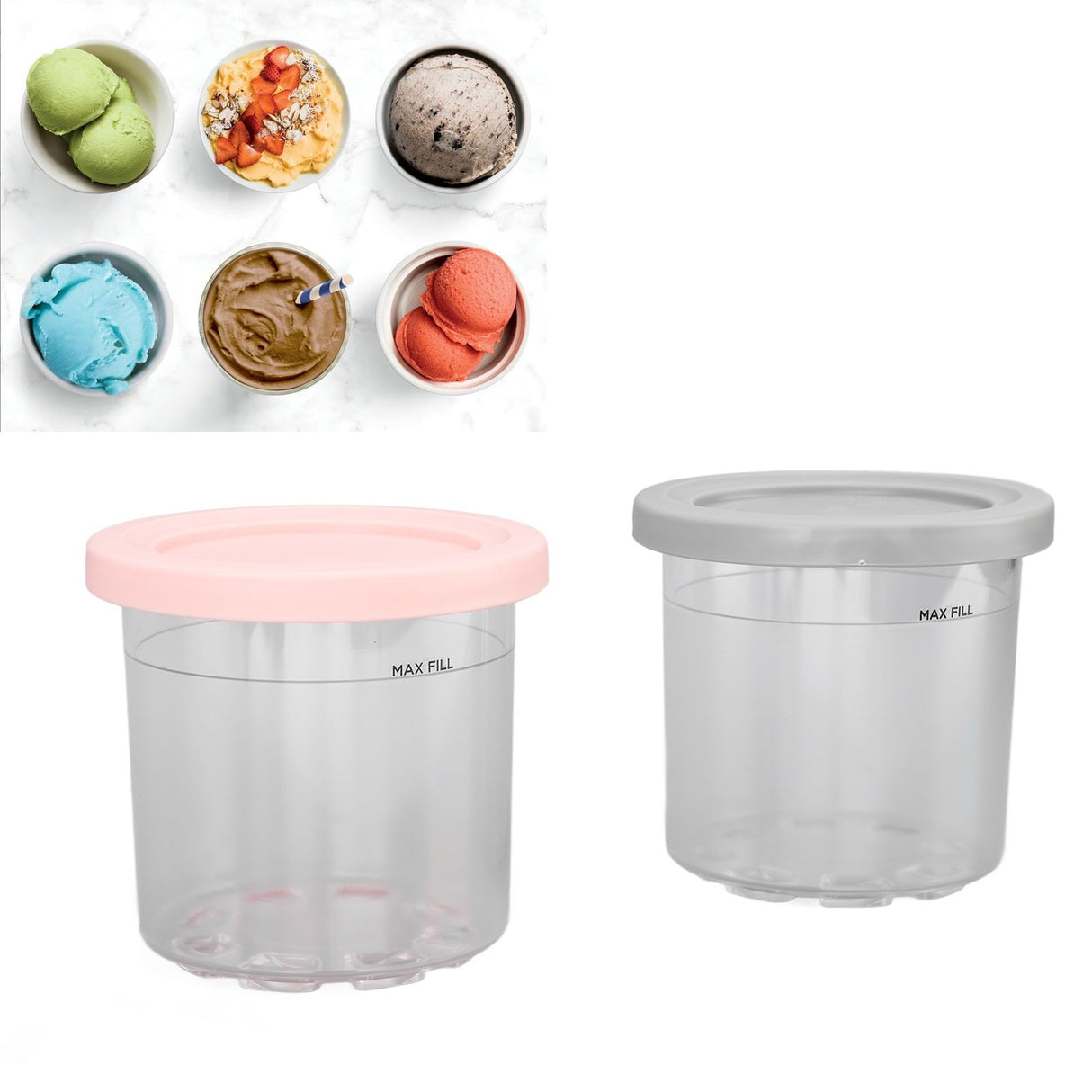 2PCS Ice Cream Pints Cup 600ml Ice Cream Container Storage Jar for Ninja NC299AMZ NC300s Grey and Pink