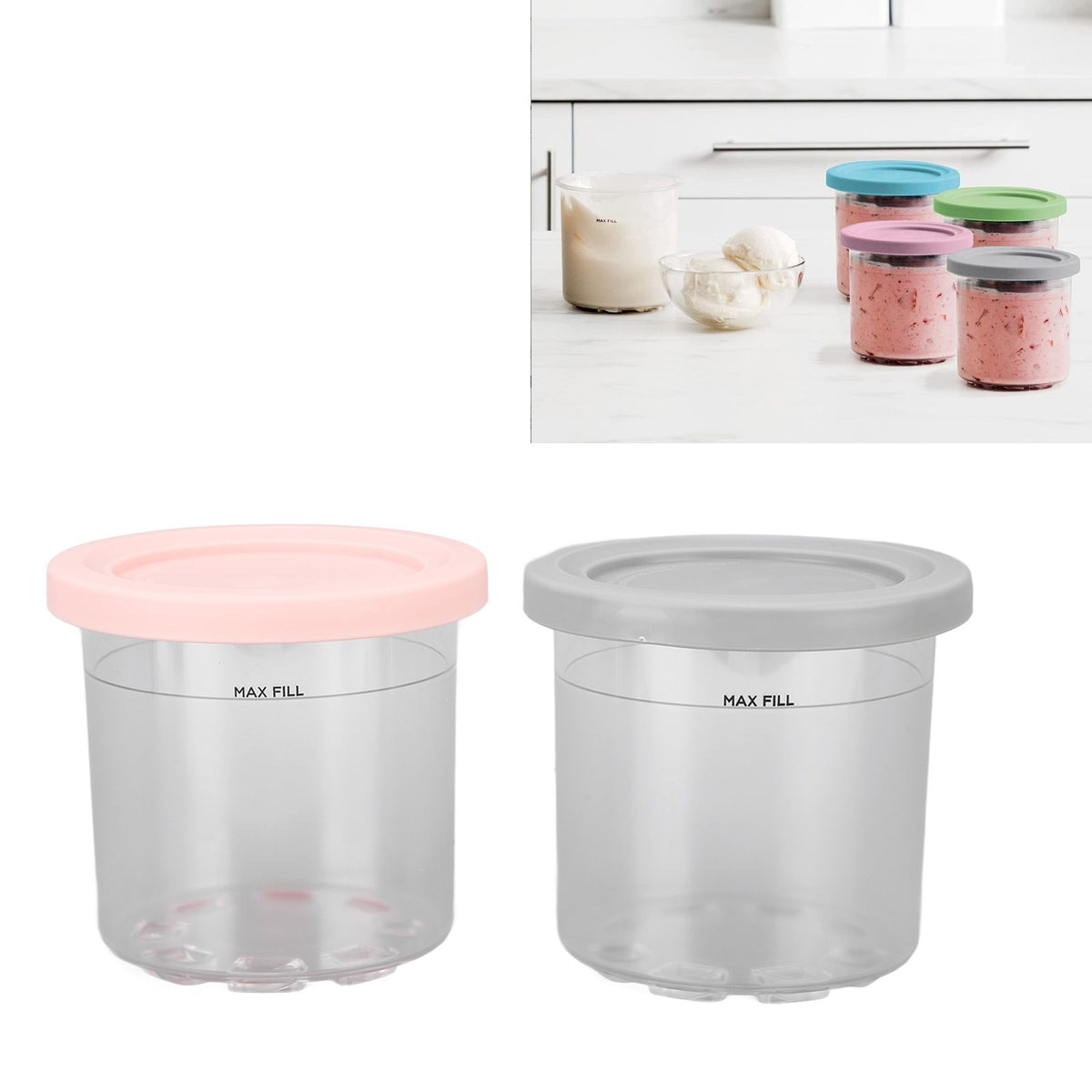 2PCS Ice Cream Pints Cup 600ml Ice Cream Container Storage Jar for Ninja NC299AMZ NC300s Grey and Pink