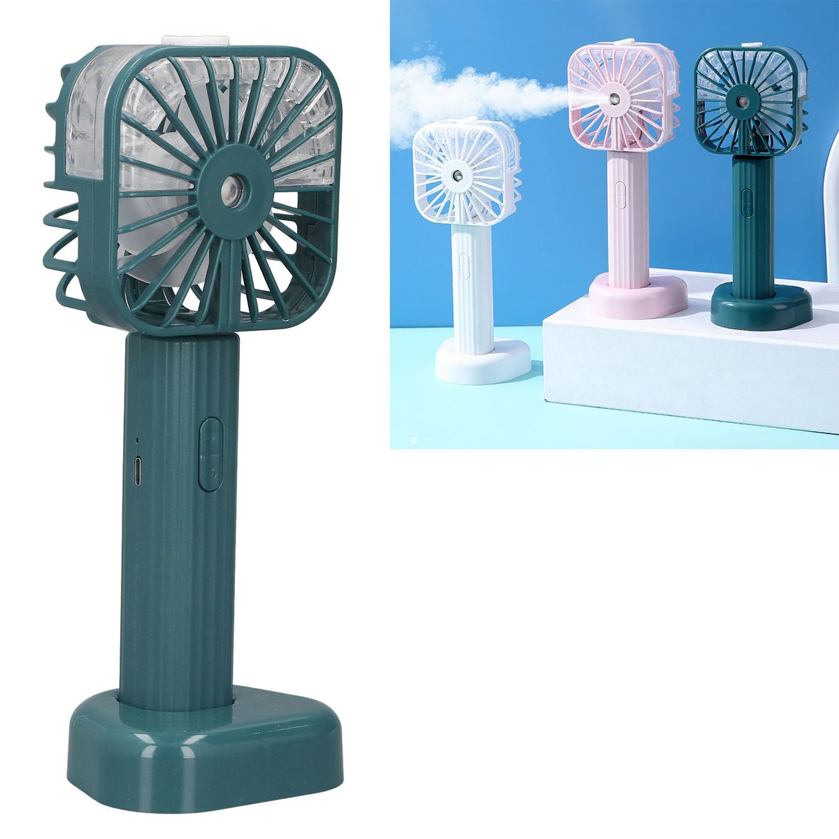 Hand Held Misting Fan Portable Battery Operated USB Rechargeable Quiet Spray Cooling Fan for Travel Outdoors Green