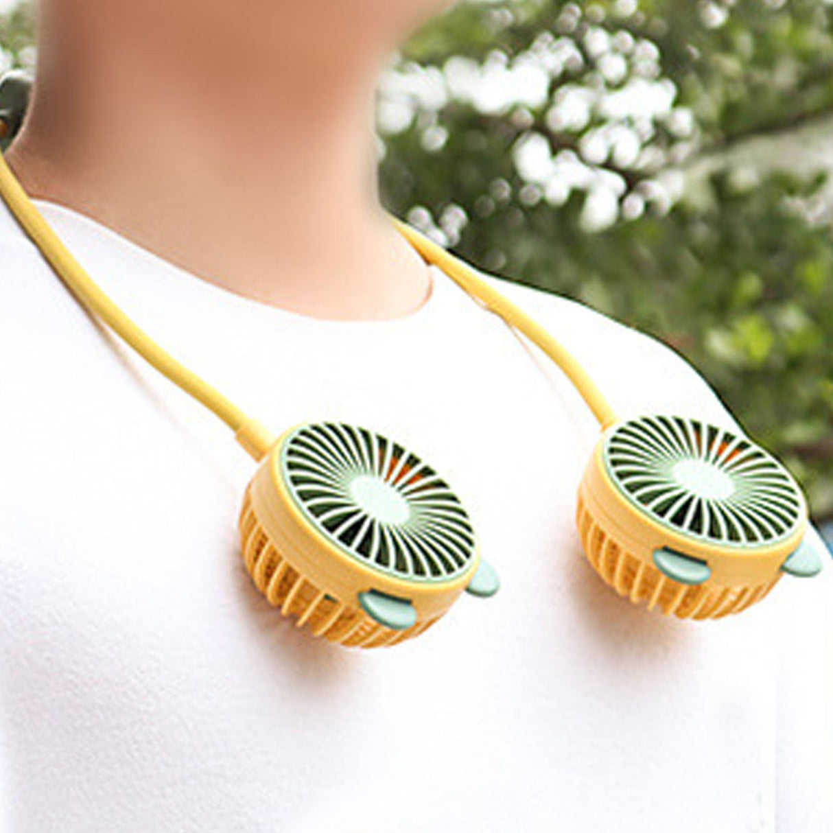 Portable Neck Fan Bendable Wearable USB Rechargeable Hand Free Mini Hanging Fan for Office Travel Yellow