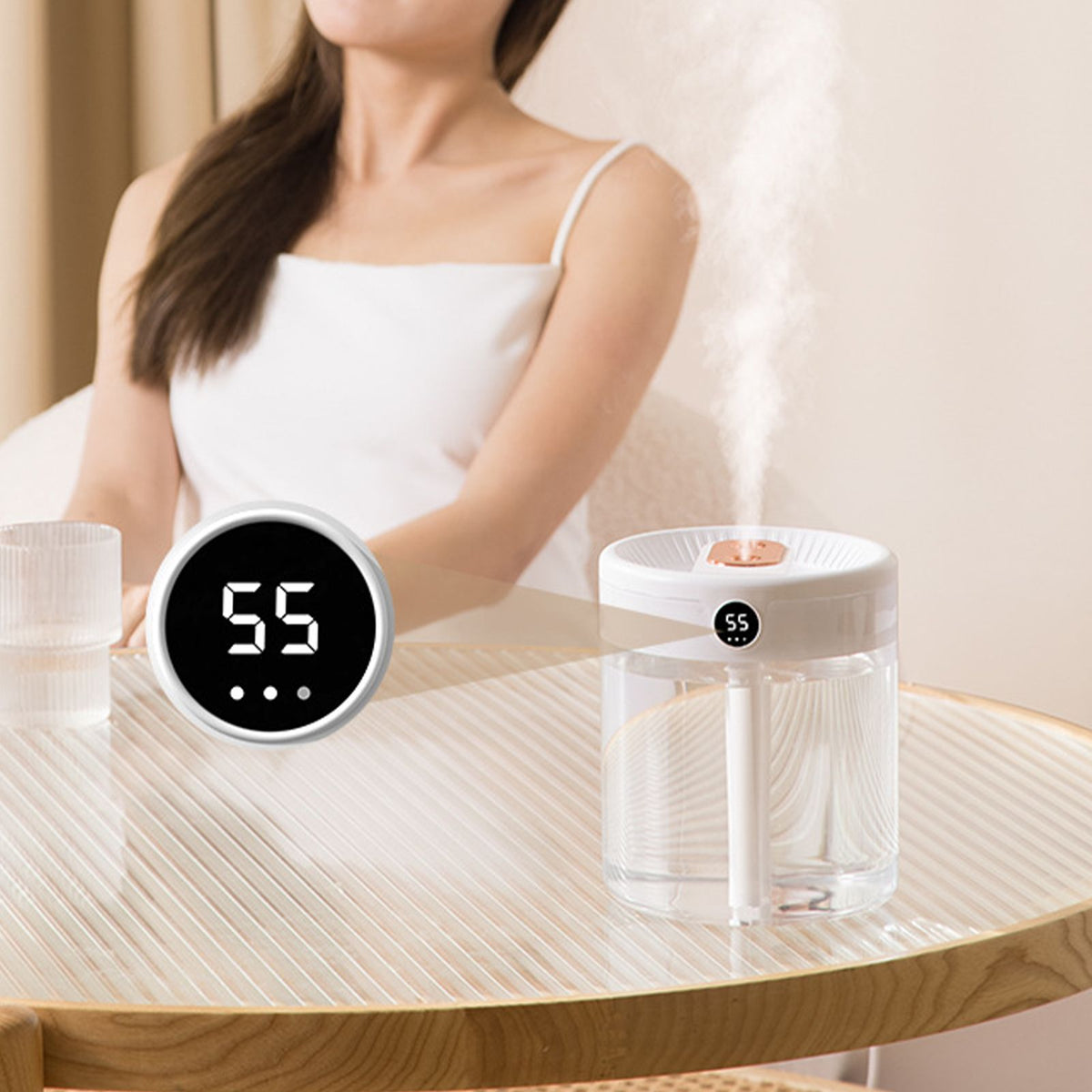 2L Double Nozzle Air Humidifier USB Double Jet Humidifier with LCD Humidity Display Large Capacity Aroma Oil Diffuser for Home Bedroom White