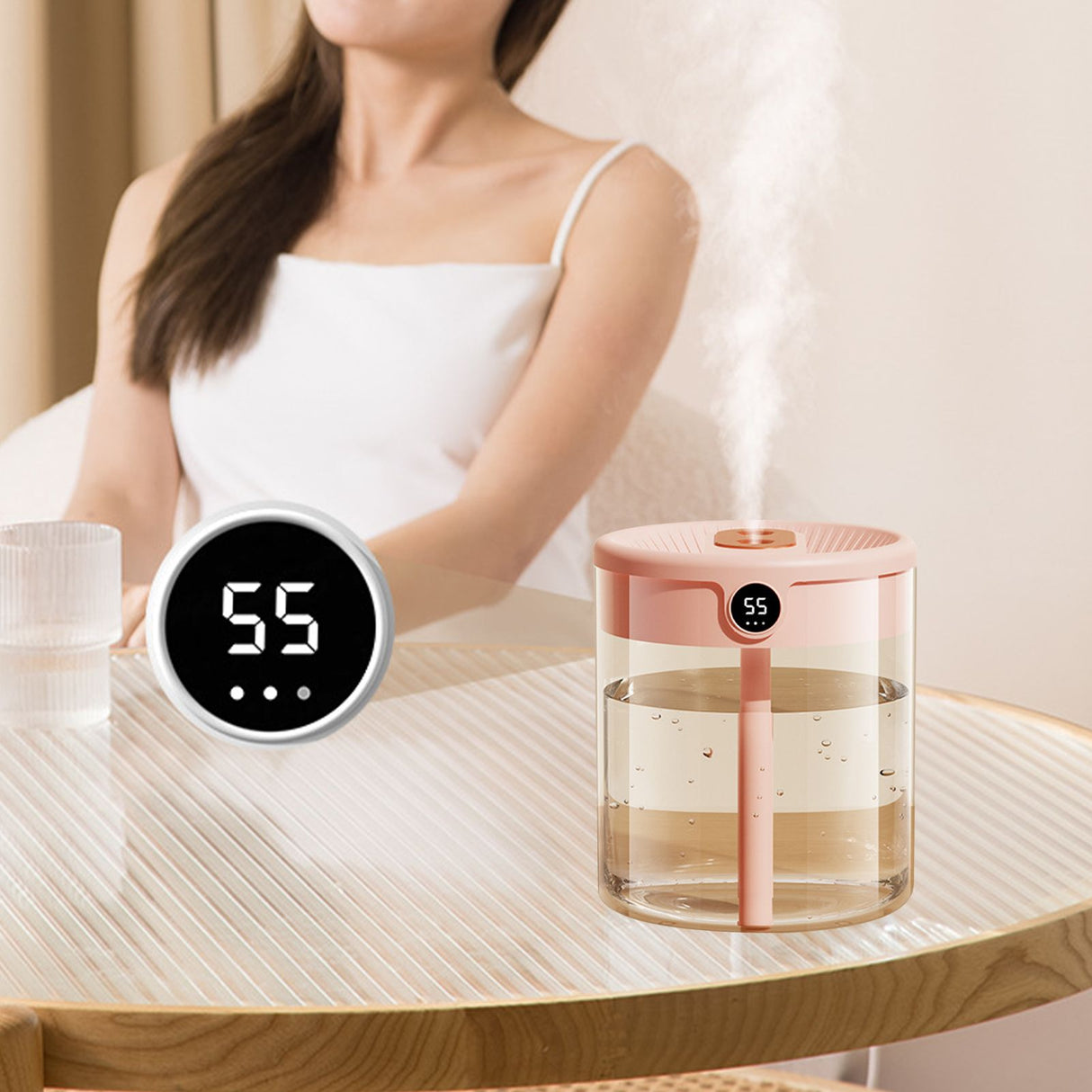 2L Double Nozzle Air Humidifier USB Double Jet Humidifier with LCD Humidity Display Large Capacity Aroma Oil Diffuser for Home Bedroom Pink