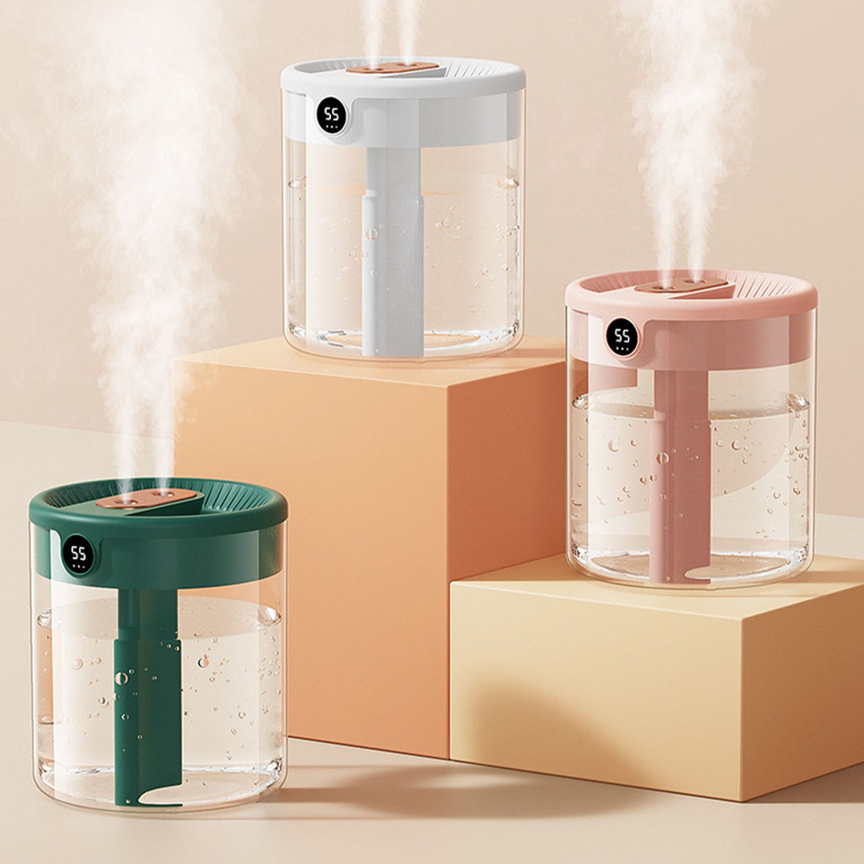 2L Double Nozzle Air Humidifier USB Double Jet Humidifier with LCD Humidity Display Large Capacity Aroma Oil Diffuser for Home Bedroom Pink