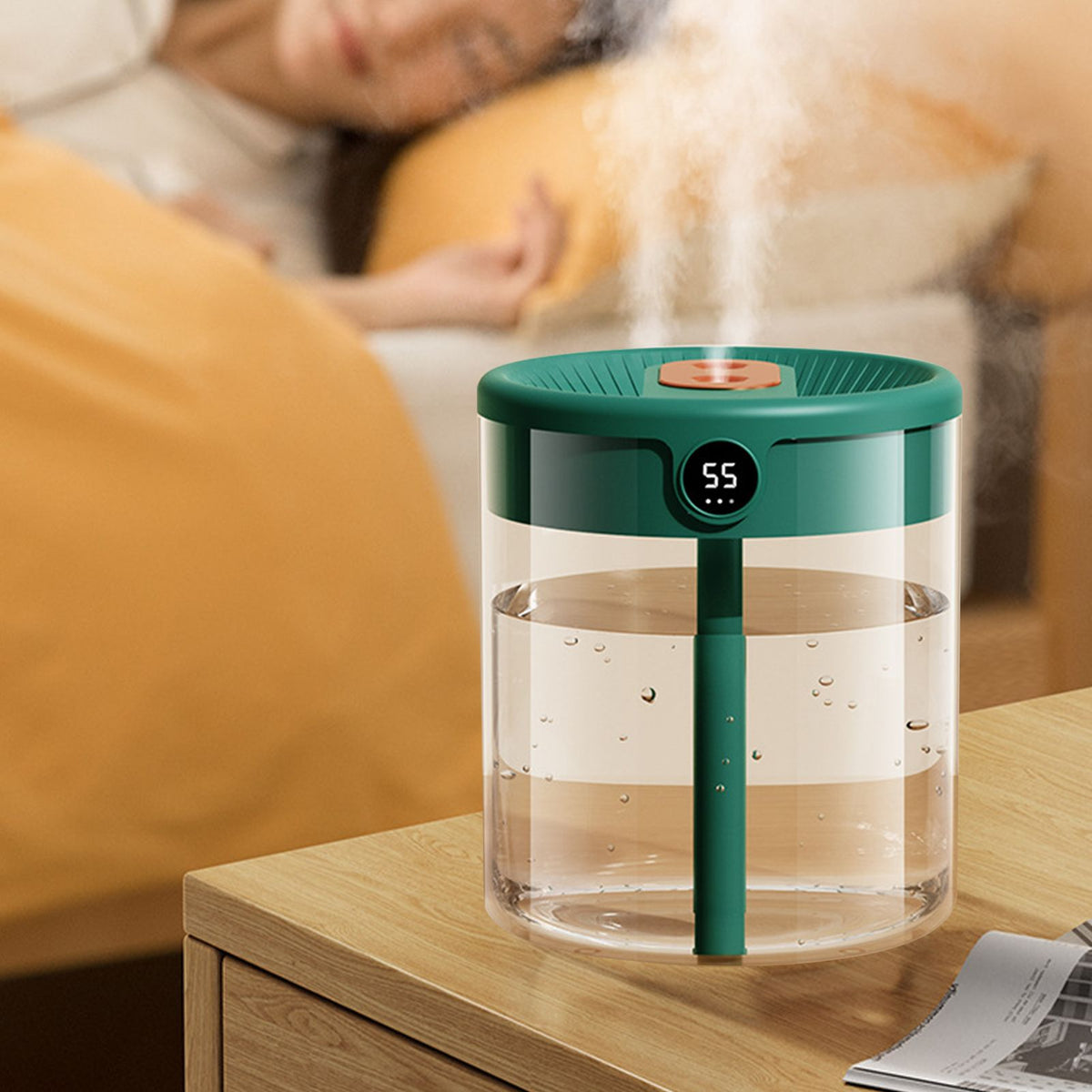 2L Double Nozzle Air Humidifier USB Double Jet Humidifier with LCD Humidity Display Large Capacity Aroma Oil Diffuser for Home Bedroom Green