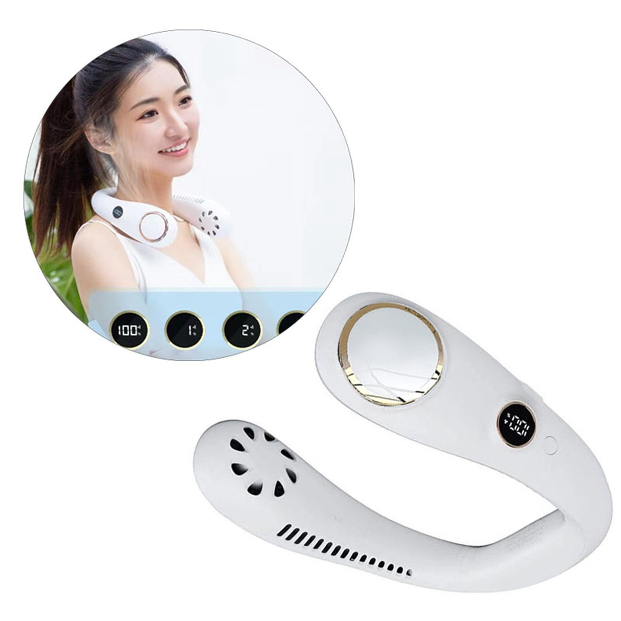 Bladeless Neck Fan USB Charging 2000 MAh Battery Portable Hand Free Neck Fan for Outdoor Camping Office White
