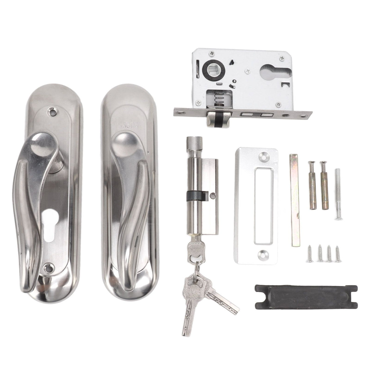 Door Entry Handle Set Stainless Steel Plate Door Lever Cylinder Lock Keys Kit for Household