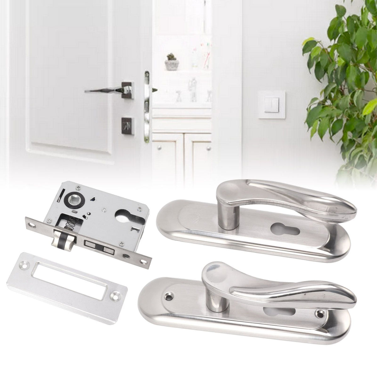 Door Entry Handle Set Stainless Steel Plate Door Lever Cylinder Lock Keys Kit for Household