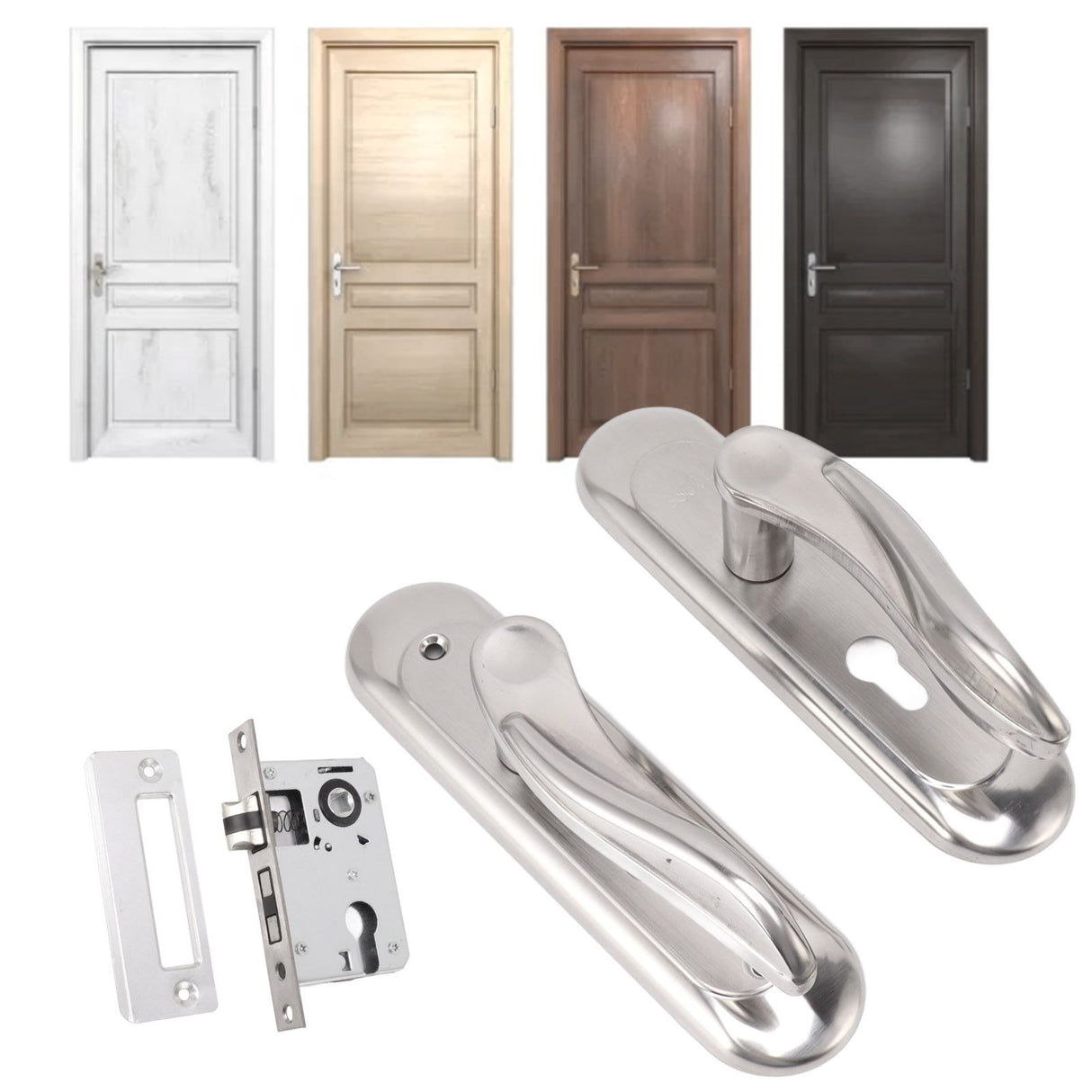 Door Entry Handle Set Stainless Steel Plate Door Lever Cylinder Lock Keys Kit for Household