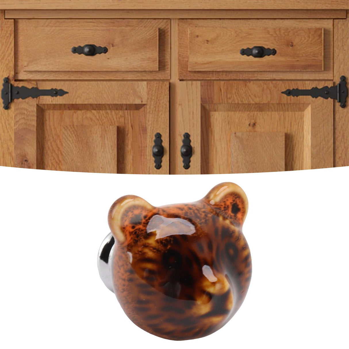 6PCS Bear Door Knob Orange Zinc Alloy Ceramic Decorative Bear Head Drawer Handle for Bedroom