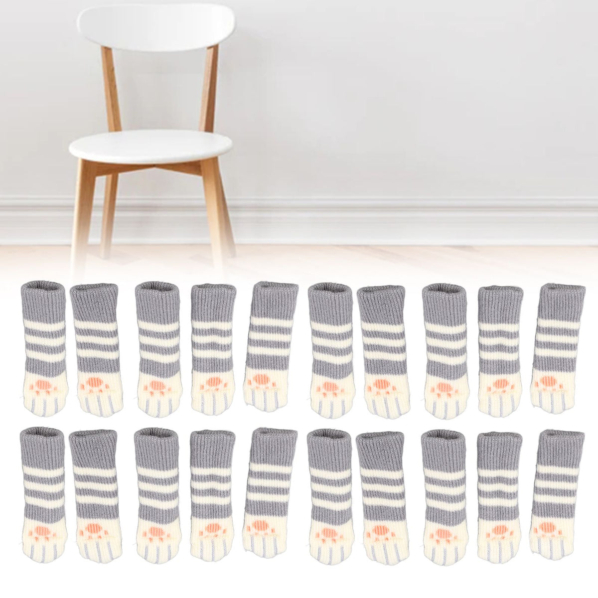 20pcs Cat Paw Furniture Leg Socks Double Thickened Knitting Chair Leg Floor Protectors for Office Home Dark Grey Stripe