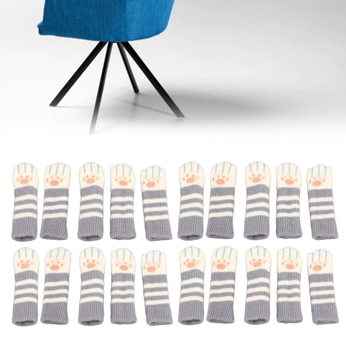 20pcs Cat Paw Furniture Leg Socks Double Thickened Knitting Chair Leg Floor Protectors for Office Home Dark Grey Stripe