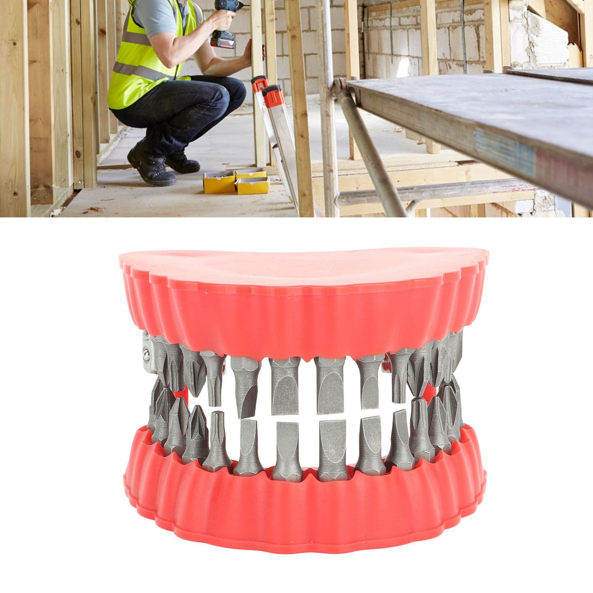 Denture Drill Bit Holder Denture Screwdriver Organizer 3D Sculpture Desk Decor 28 Holes Red With Bits