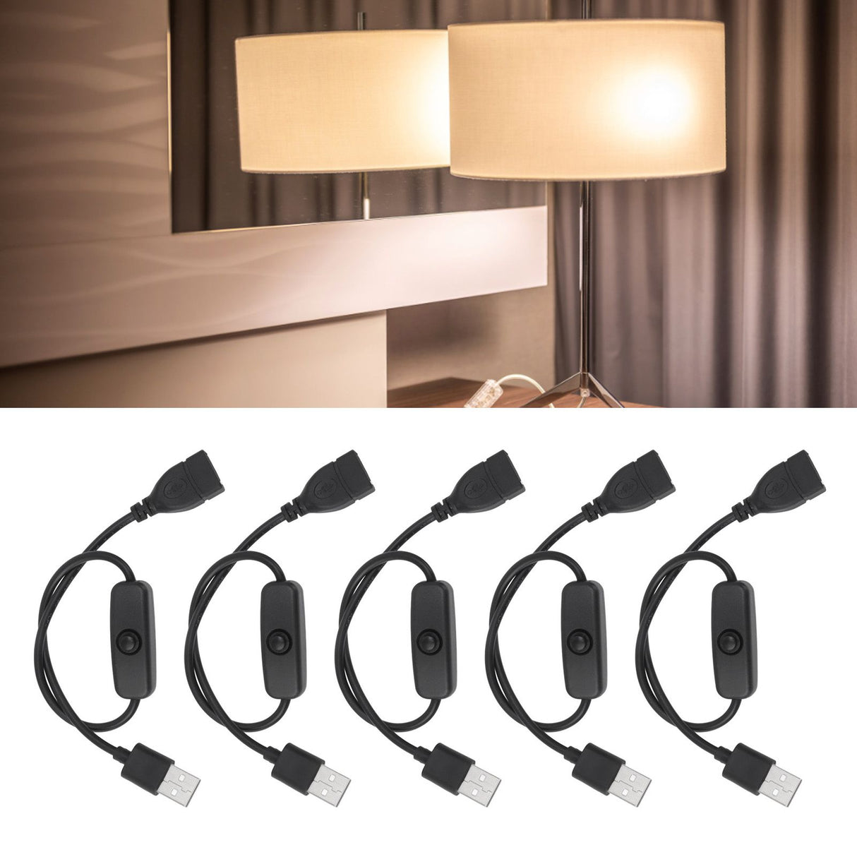 5PCS ON Off Switch Male to Female Cable 2 Pin PVC USB Extension Cable with B utton for Driving Recorder LED Lights Black