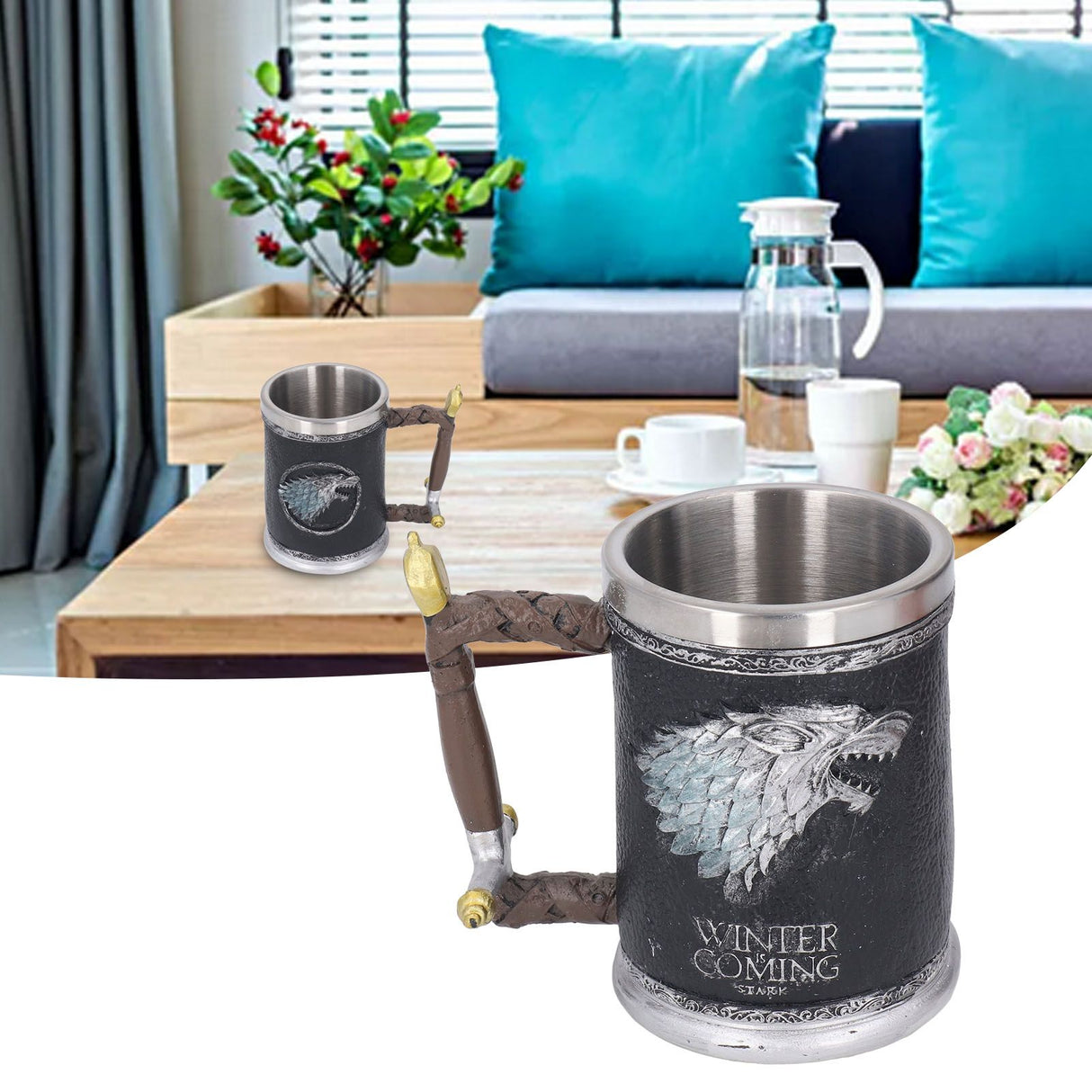 Stainless Steel Liner Mug Resin Decorative Hand Painted Beer Cup for Home Bar KTV Restaurant Large
