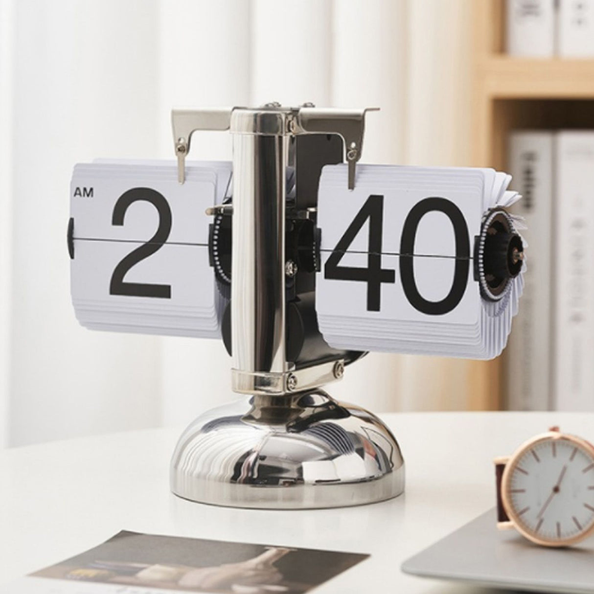 Digital Flip Down Clock Retro Minimalist Single Foot Mechanical Auto Flip Clock Desk Clock for Home Livingroom White