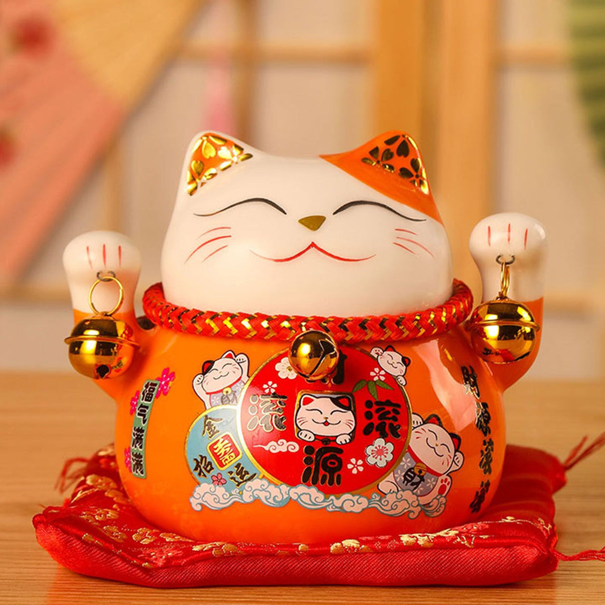 Lucky Cat Coin Bank 4.5in Exquisite Cute Bring Luck Good Wish Ceramic Fortune Cat Saving Pot Desk Decoration Orange