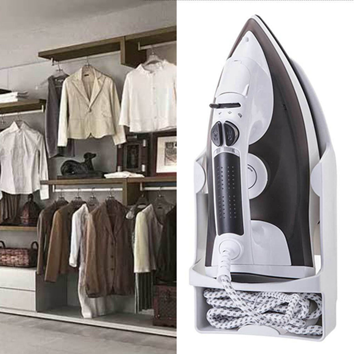 Iron Holder Wall Mounted Heat Resistant Widened Electric Iron Organizer with Hooks for Closet Hotel White