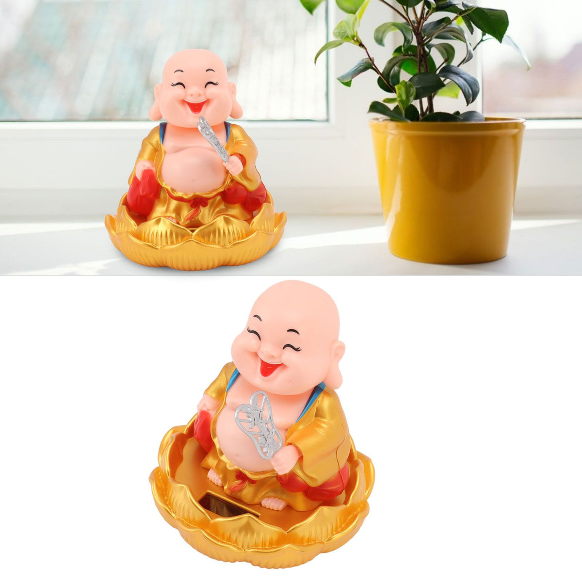 Solar Buddha Statue Solar Nodding Maitreya Car Ornament Decoration Shaking Head Toy for Wealth and Fortune Gold Clothes