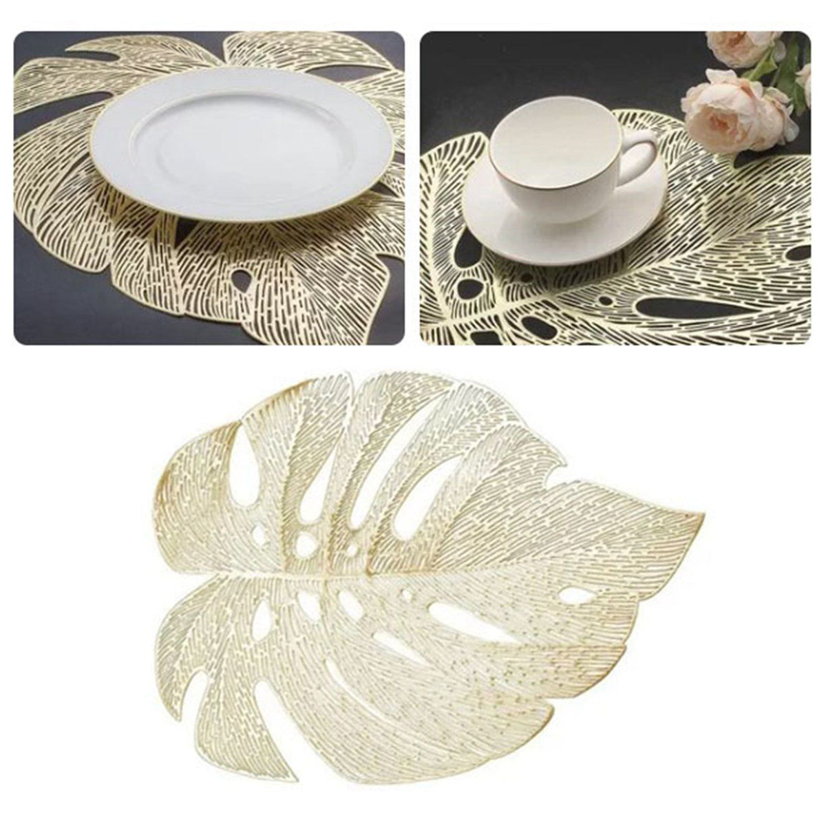 6Pcs Insulation Placemat Hollow Out Simulation Leaf Shape Heat Resistant PVC Table Mat for Kitchen Table Gold