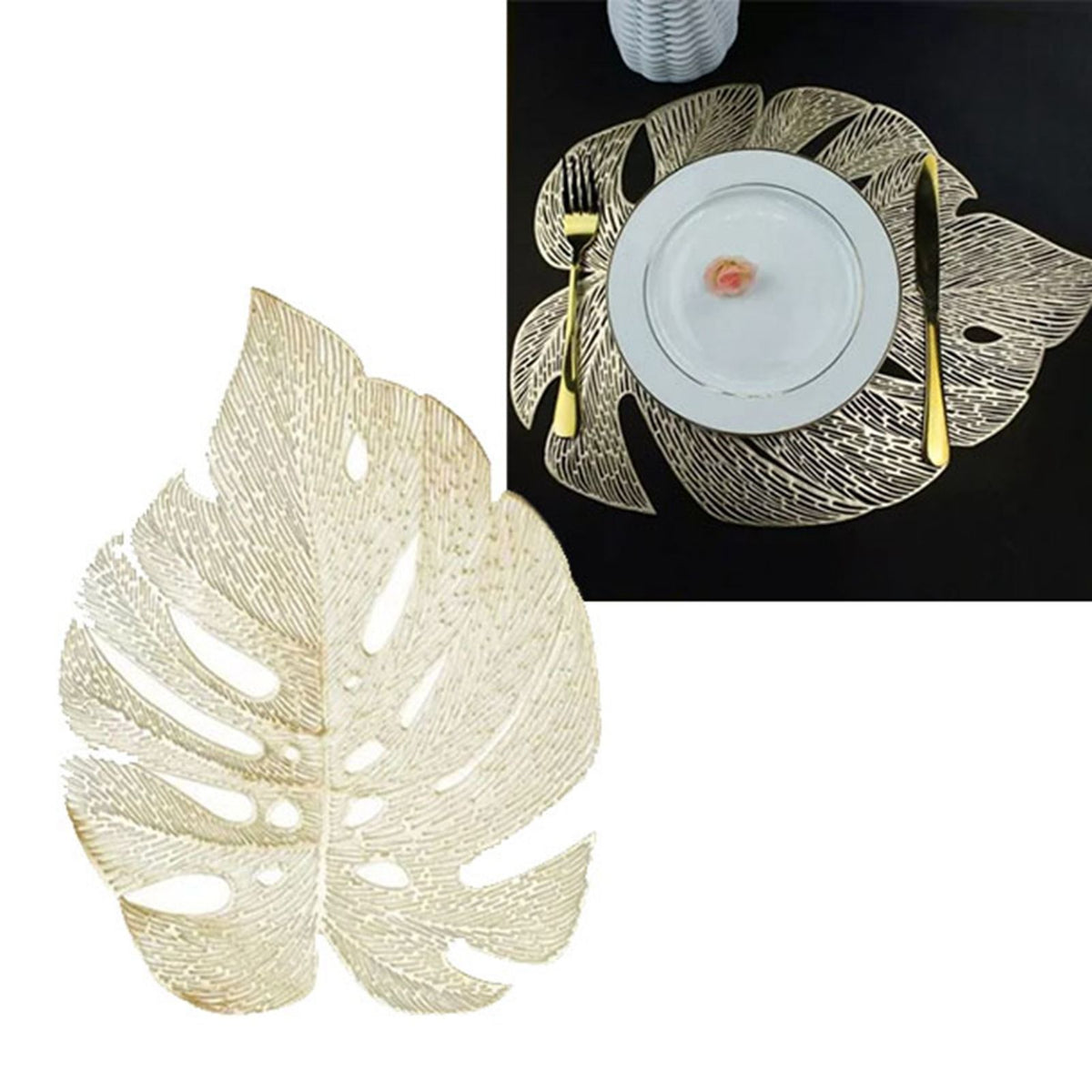 6Pcs Insulation Placemat Hollow Out Simulation Leaf Shape Heat Resistant PVC Table Mat for Kitchen Table Gold
