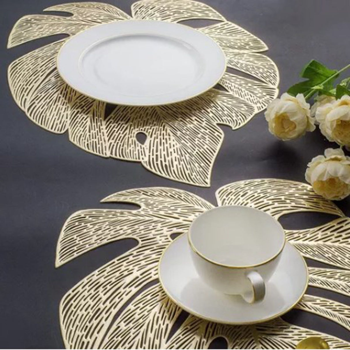 6Pcs Insulation Placemat Hollow Out Simulation Leaf Shape Heat Resistant PVC Table Mat for Kitchen Table Gold