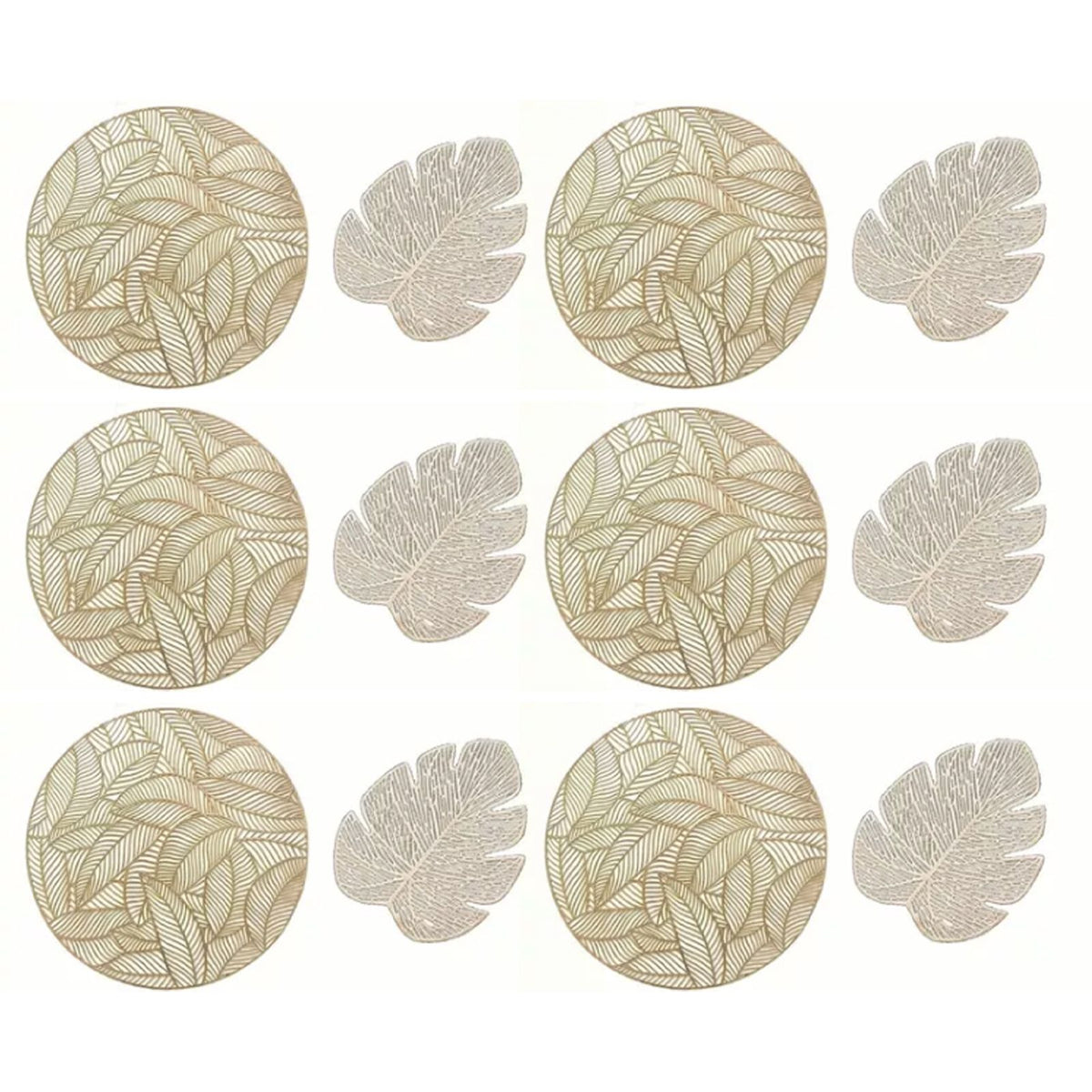 Placemats and Coasters Set Hollow Insulation 6 Pcs Round Dining Table Place Mats and 6 Pcs Leaf Shape Cup Coasters Gold