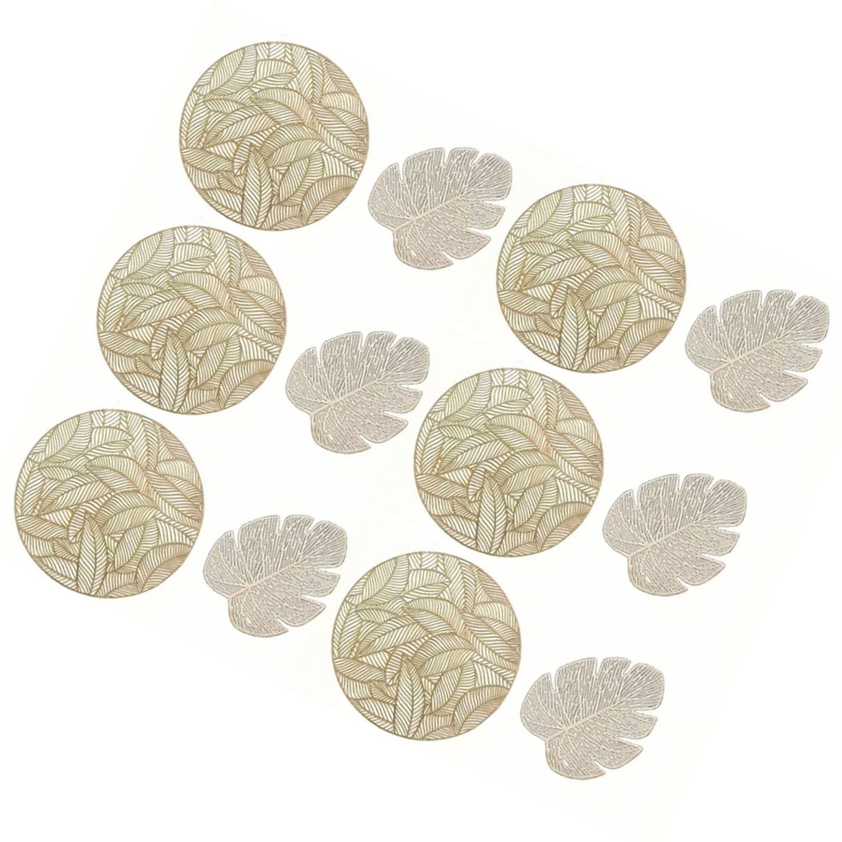 Placemats and Coasters Set Hollow Insulation 6 Pcs Round Dining Table Place Mats and 6 Pcs Leaf Shape Cup Coasters Gold