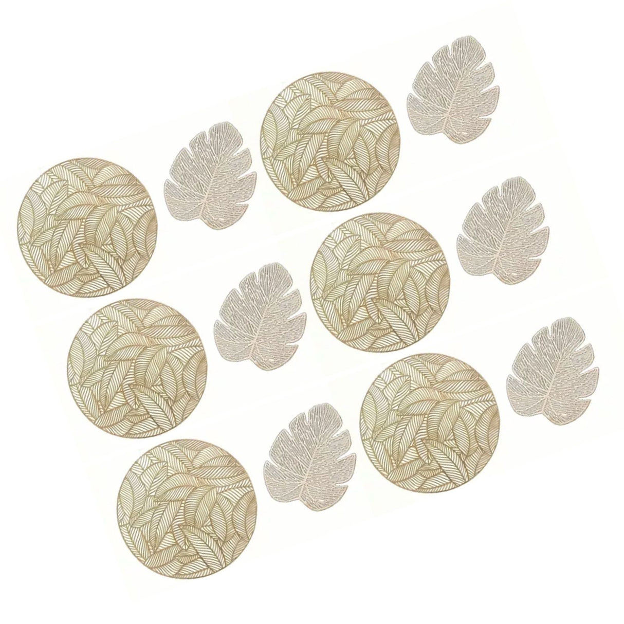 Placemats and Coasters Set Hollow Insulation 6 Pcs Round Dining Table Place Mats and 6 Pcs Leaf Shape Cup Coasters Gold