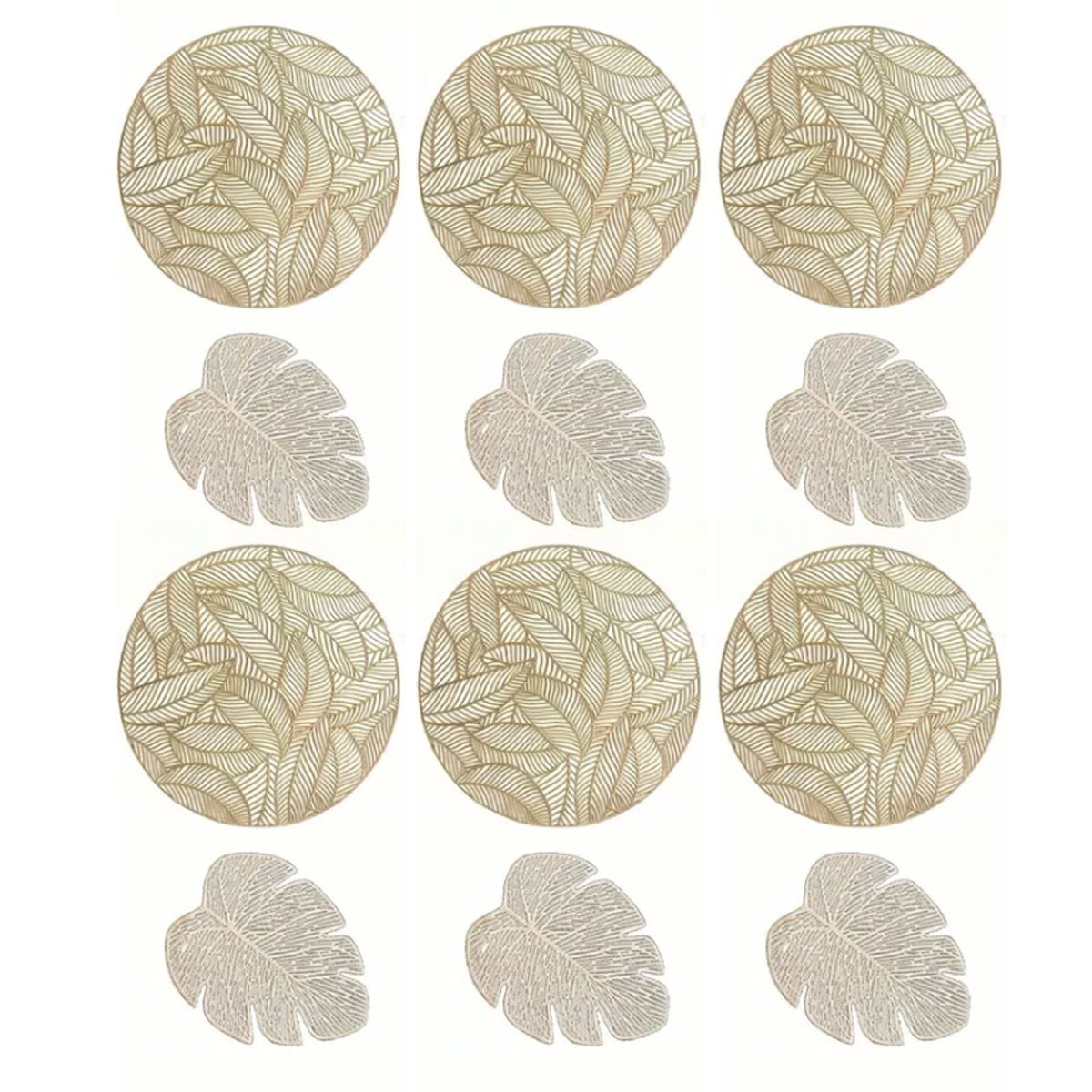 Placemats and Coasters Set Hollow Insulation 6 Pcs Round Dining Table Place Mats and 6 Pcs Leaf Shape Cup Coasters Gold