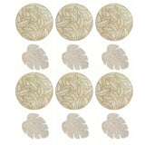 Placemats and Coasters Set Hollow Insulation 6 Pcs Round Dining Table Place Mats and 6 Pcs Leaf Shape Cup Coasters Gold - Top-Down View