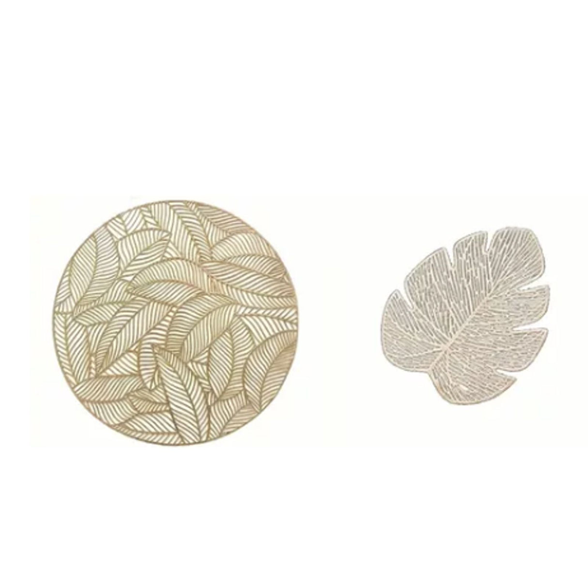 Placemats and Coasters Set Hollow Insulation 6 Pcs Round Dining Table Place Mats and 6 Pcs Leaf Shape Cup Coasters Gold