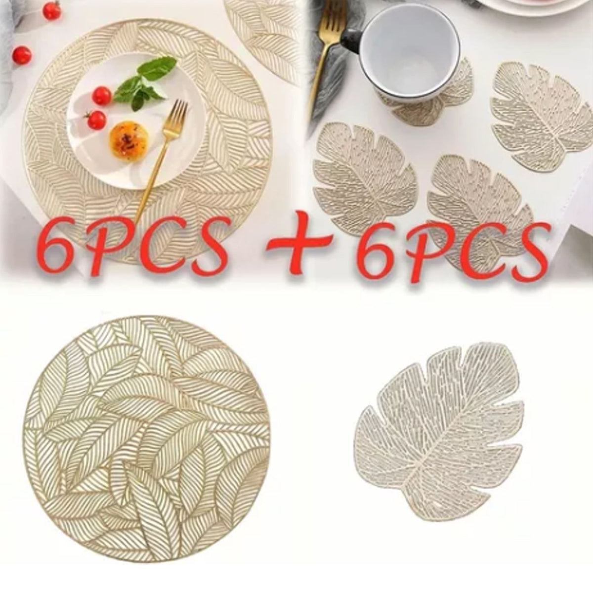 Placemats and Coasters Set Hollow Insulation 6 Pcs Round Dining Table Place Mats and 6 Pcs Leaf Shape Cup Coasters Gold