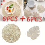 Placemats and Coasters Set Hollow Insulation 6 Pcs Round Dining Table Place Mats and 6 Pcs Leaf Shape Cup Coasters Gold