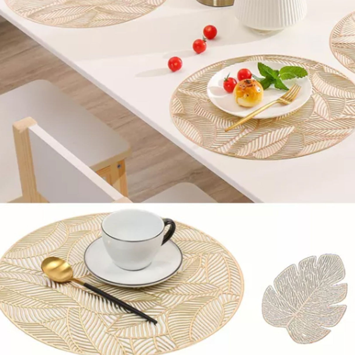 Placemats and Coasters Set Hollow Insulation 6 Pcs Round Dining Table Place Mats and 6 Pcs Leaf Shape Cup Coasters Gold
