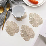 Placemats and Coasters Set Hollow Insulation 6 Pcs Round Dining Table Place Mats and 6 Pcs Leaf Shape Cup Coasters Gold
