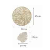 Placemats and Coasters Set Hollow Insulation 6 Pcs Round Dining Table Place Mats and 6 Pcs Leaf Shape Cup Coasters Gold - Extra Image